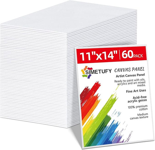 Simetufy 11 x 14 inch 60 Pack Painting Canvas Boards- Gesso Primed Acid-Free 100% Cotton Flat Canvas Panels for Acrylics Oil Watercolor Tempera Paints