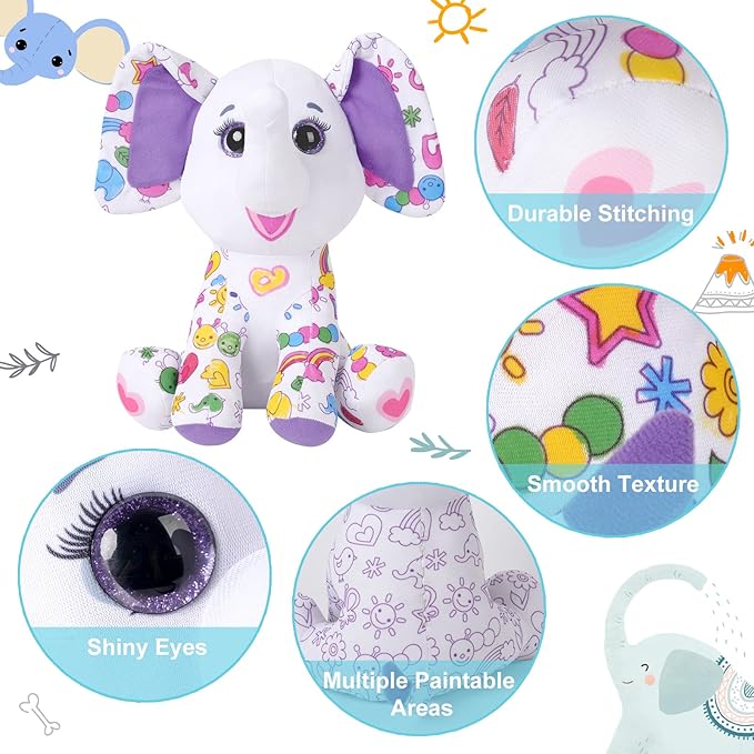 Coloring Plush Toy with 5 Washable Markers for Little Girls Doodle Dolls for Kids Ages 4-6 Birthday (Elephant)