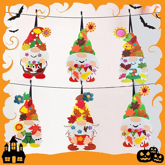 24 Sets Halloween Fall Gnome Crafts Kits for Kids,DIY Fall Gnomes Ornaments Decorations Art with Leaf Pumpkin Sunflower Foam Stickers Arts for Kids Autumn Thanksgiving Activity Art Project