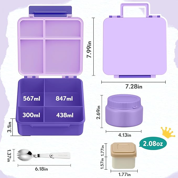 Bento Lunch Box for Kids with 9oz Soup Thermo Leak-Proof Lunch Food Container with 5 Compartment Thermo Hot Food Jar and Insulated Lunch Bag for Kid Toddler Girls Boys to School(Purple)