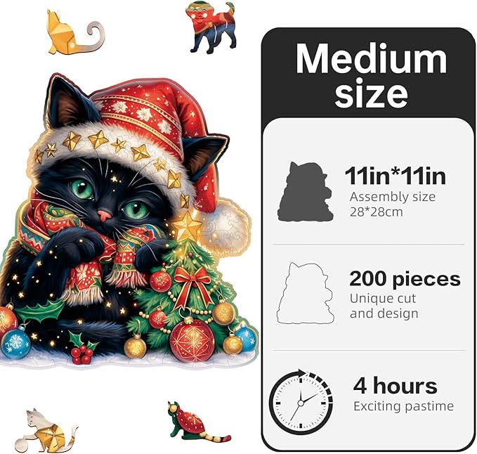 Wooden Jigsaw Puzzle for Adults,Christmas Cat Puzzle 200 Piece,Unique Shape Puzzle Challenge 11 x 11 Inch,Beautiful Wooden Puzzles Birthday Gifts for Adults Family Game
