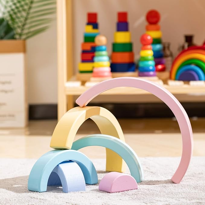 Wooden Rainbow Stacking Toy, Small PastelStacker, 6 Piece Rainbow Stacking Toy for Baby/Toddlers/Kids, Montessori Education Pastel Decor, Kindergarten Teaching Aid