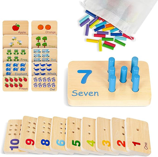 TOOKYLAND Peg Board Toddler Toys, Counting Wooden Toys with 55 Pegs, Wooden Math Manipulatives,Montessori Math and Numbers for Kids & Kindergarten Learning Activities