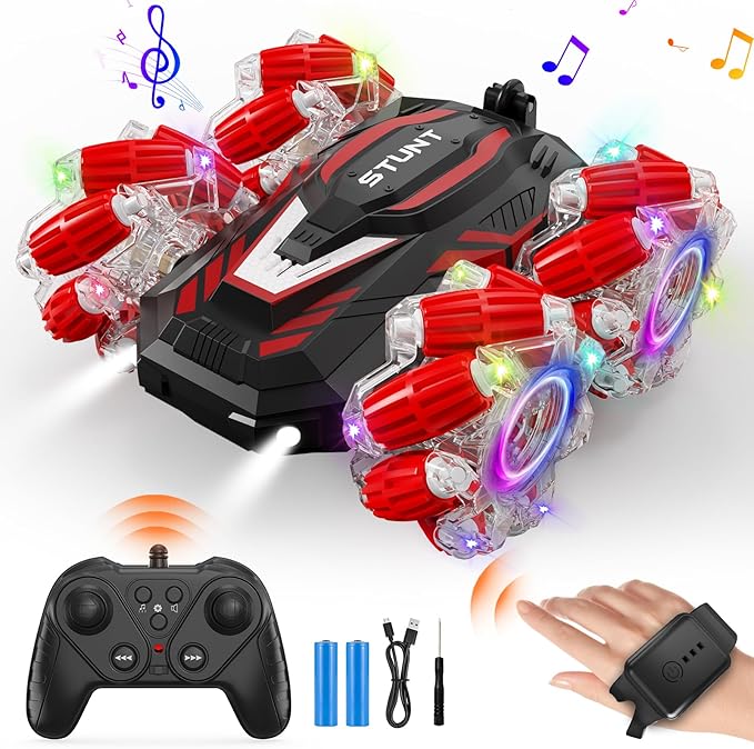 Gesture Sensing RC Stunt Car, Light and Music Remote Control Car, Double-Sided 360-degree Rotation Stunt Off-Road Vehicle, Birthday Gift for Boys and Girls Aged 3-16., Red, 8867E