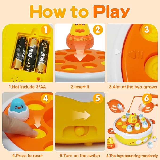 4 in 1 Toys for Ages 5-7, Bounce and Catch Chicken Games, Rotating Board Games for Kids 4-6, Fishing Game Magnetic,Toddler Toys Bowling, Family Games for Kids and Adults