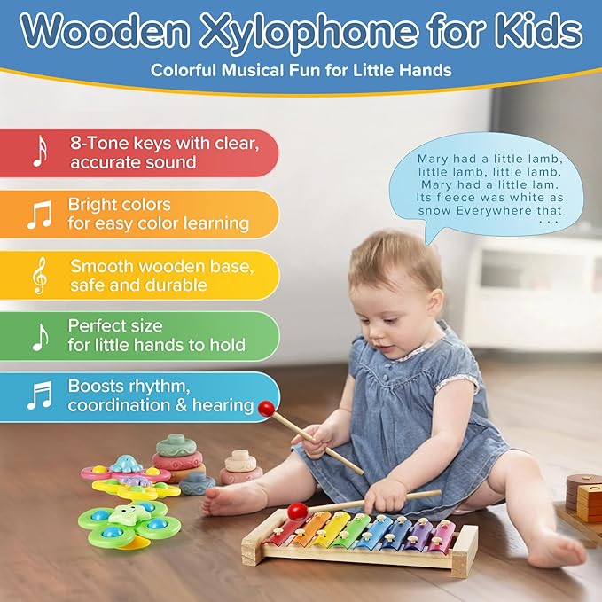 7‑in‑1 Montessori Baby Toys for 6‑12 Months & 1+ Years, Infant Sensory Teething & Stacking Blocks | Wooden Shape Sorter, Xylophone Musical Toy, Birthday Gift for Toddlers 1‑3