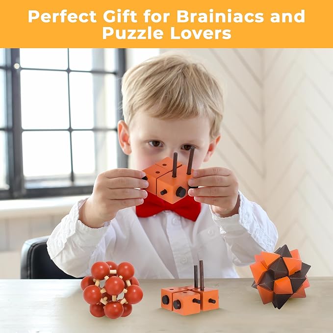 Sharp Brain Zone Wooden Brain Teaser Puzzles for Adults & Kids (Kongming Puzzle Set of 3)