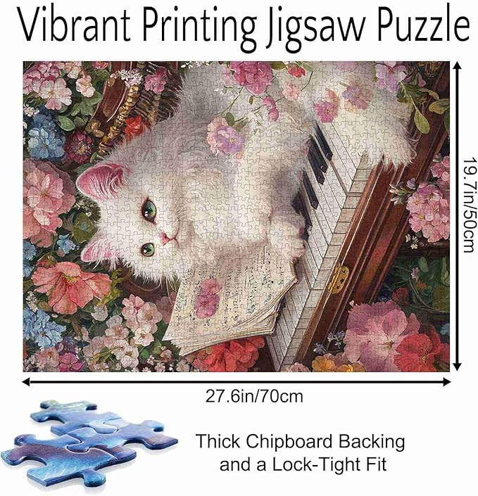 White Cat Lying On Antique Piano Jigsaw Puzzles for Adults 1000 Pieces, Garden Musical Instruments Animal Kitten Art Puzzles for Challenging Family Activity Games DIY Crafts Puzzle Home Decor Gifts