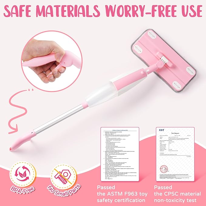 Pink Mini Spray Mop for Toddler-Girls Montessori Cleaning Toy That Real Spray Water,Pretend Playhouse Essentials for Girls Ages 3-8,Toddler Educational Housekeeping Set