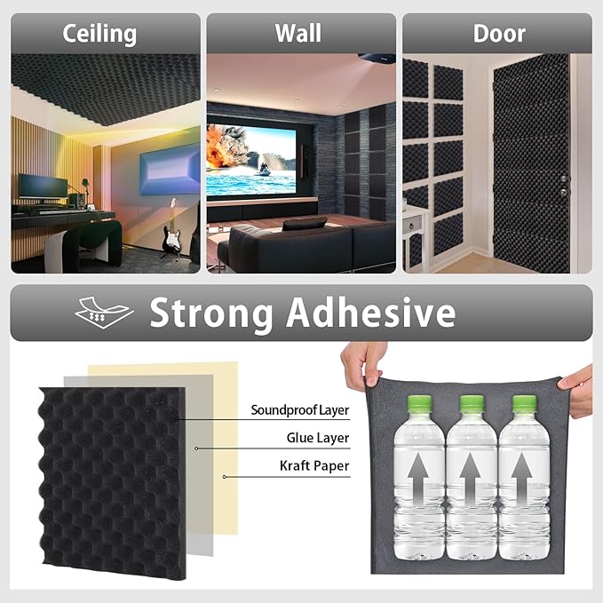 24 Pack Sound Proof Foam Panels for Wall,Self Adhesive Acoustic Panels,12" X 12" X 1.2" Egg Crate Soundproof Wall Panels for Studio,Room Acoustic Treatment Foam,Sound Absorbing Foam Black