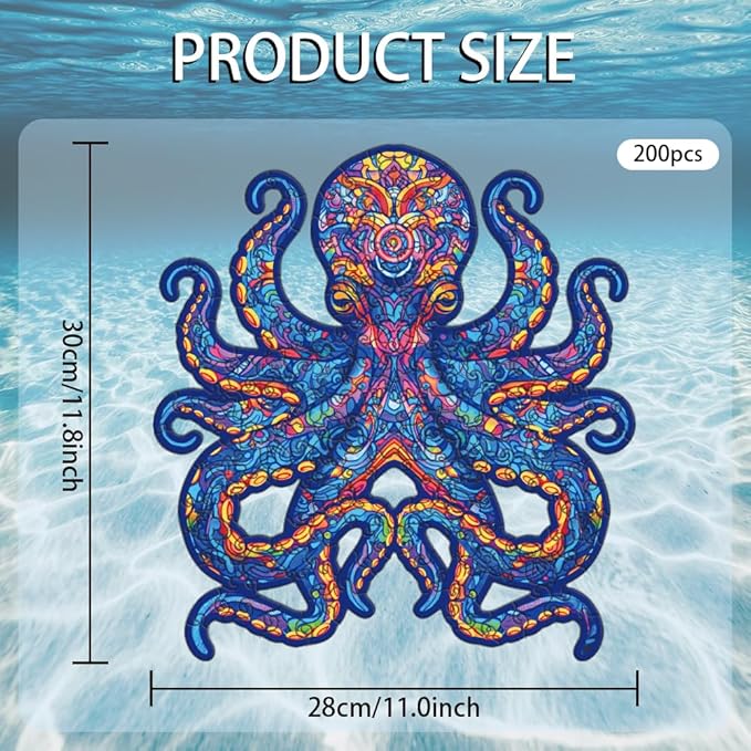 200 Pieces Octopus Wooden Puzzles for Adults, 11.8x11 Inches Octopus Jigsaw Puzzles, Ocean Wood Puzzle, Unique Shape Octopuses Puzzle Gift for Jigsaw Lovers Family Game Home Decor