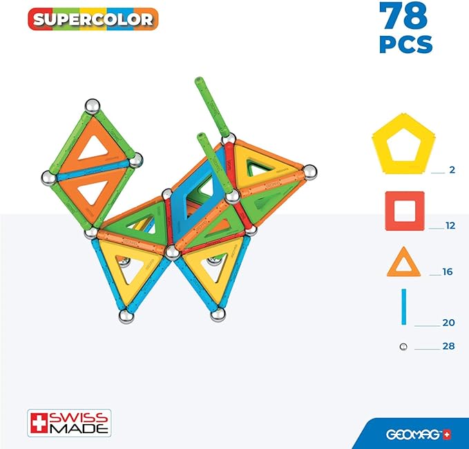 Geomag Supercolor Magnetic Toys for Kids Ages 5+, 78pc Educational STEM Magnets for Kids - Swiss-Made Magnetic Blocks, Tiles and Building Toys from 100% Recycled Plastic