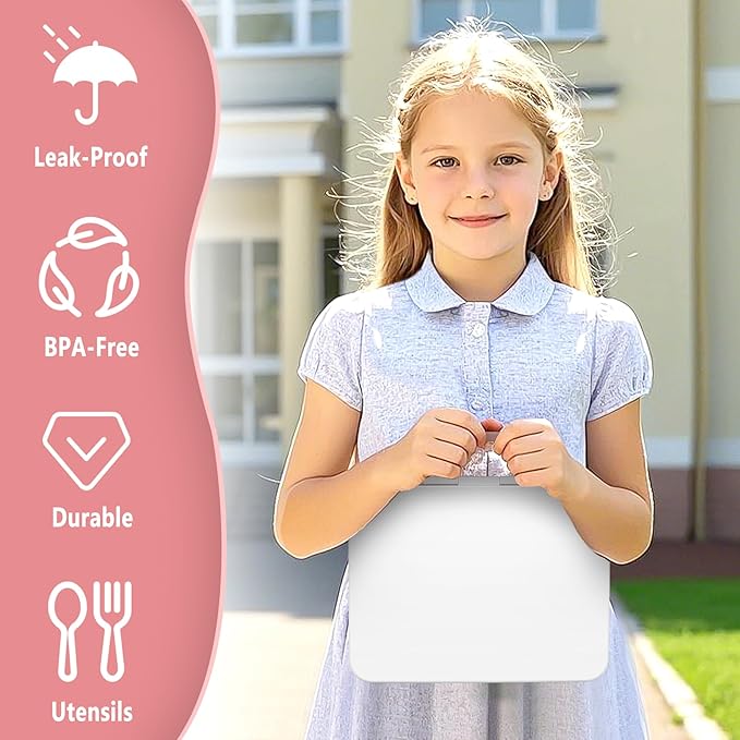 Kids Bento Lunch Box with Ice Pack, 5 Compartments Leak-Proof Bento Box with Utensils, 5.5-Cup Capacity for Adults & Ages 8+, BPA Free, Microwave & Dishwasher Safe, Pink