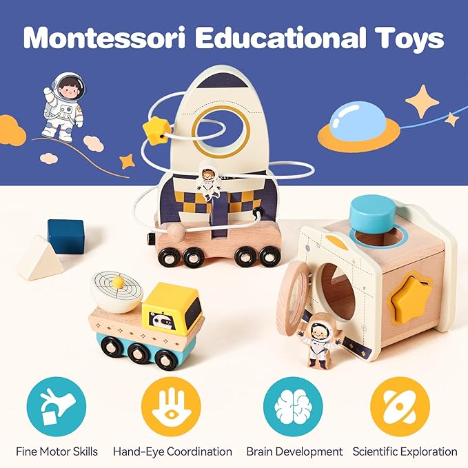 ibwaae Rocket Space Toys, Montessori Toys for 1 2 3 Year Old, Boy and Girl Baptism Birthday Gift, Baby Toys with Shape Sorter Stacking
