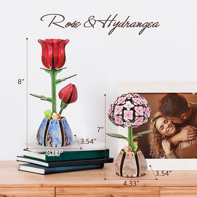Jege 3D Flowers Wooden Puzzles for Adults,DIY Wooden 2 Flowers per Kit Building Set for Home Decor, Creative Craft Gift Toys Kits with 2 Perfume Bottles and Diffuser Sticks (Rose + Hydrangea)