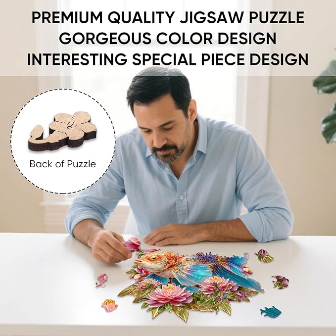 Wooden Puzzles for Adults 497 Pieces, Lucky Carp Wooden Jigsaw Puzzles, Art Adult Puzzles, Irregular Puzzles Creative Gift for Adults and Kids Family Brain Game, 16.2x17 inch