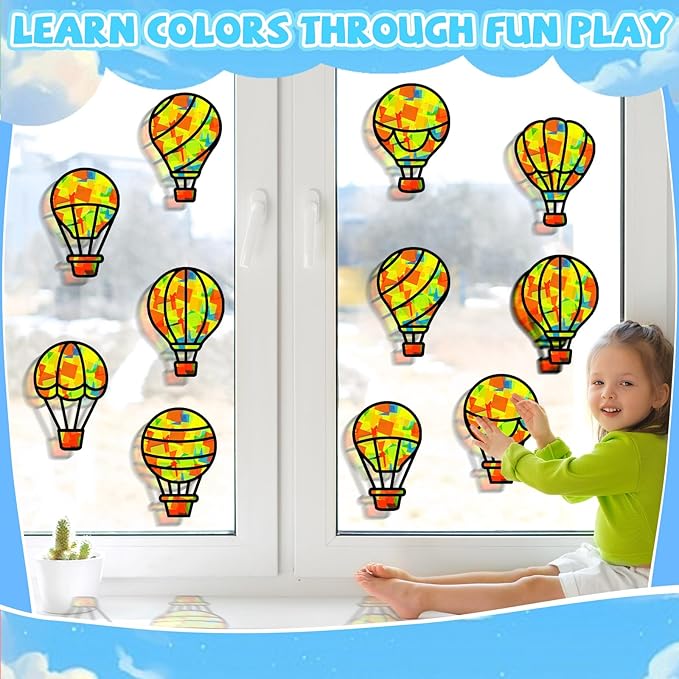 QOUBAI 32 Sets Air Balloons Suncatchers Craft Kit DIY Window Stained Glass Effect Hot Air Balloons VBS Paper Craft Home School Classroom Decoration Kid Birthday Gift Creative Art Project Activity Game