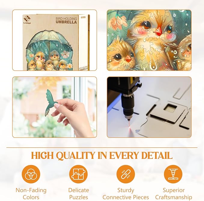 Wooden Puzzles for Adults, Bird Holding Umbrella Wooden Jigsaw Puzzles for Adults Kids, Unique Shaped Wood Puzzles Adult, Creative Birthday Gifts for Friends Family Game(11.4 * 11.1in 200pcs)