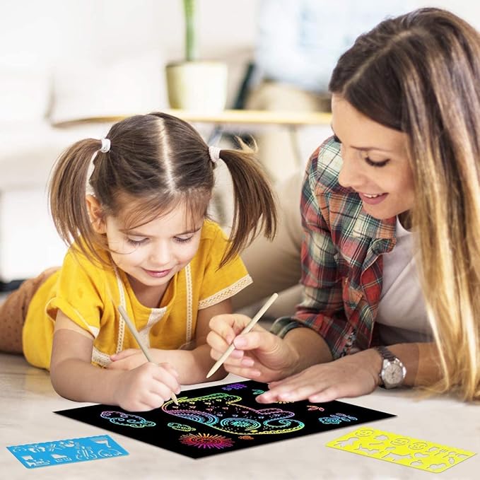 ZMLM Scratch Rainbow Art Paper Set - 100Pcs Magic Scratch Off Art Craft Supplies Kits for Kids Girls Boys Black Scratch Notes Sheet Doodle Pad for Fun DIY Toy Party Favors Christmas Birthday Gift