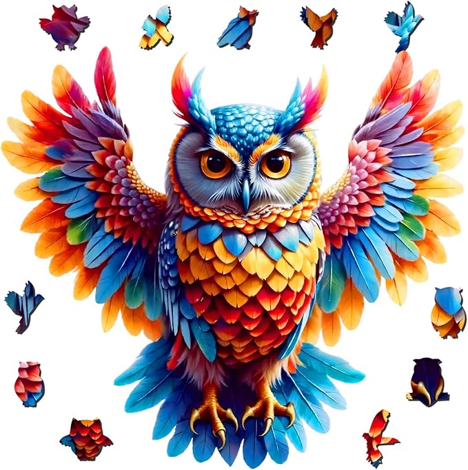 Wooden Jigsaw Puzzles for Adults and Kids, Rainbow Owl 200 Piece Unique Shaped Puzzle, Family Game and Creative Wooden Puzzle Gift, Wall Art Decor