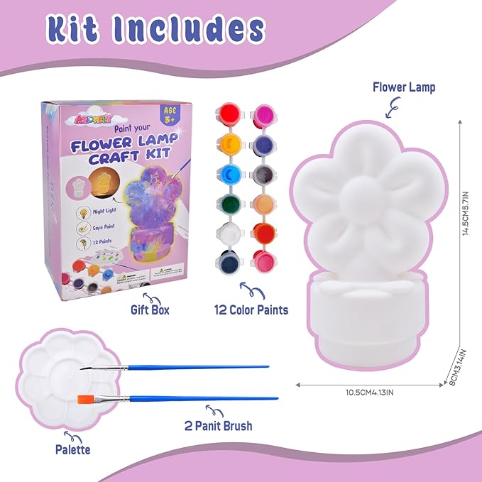 ASIOWELY Paint Your Own Flower Lamp Kit,Arts and Crafts Supplies for Kids Toys Ages 4-6-8-12,DIY Art Night Light Painting Set for Girls Ages 5-10,Birthday Gifts for 3-12 + Year Old Toddler Teens Adult