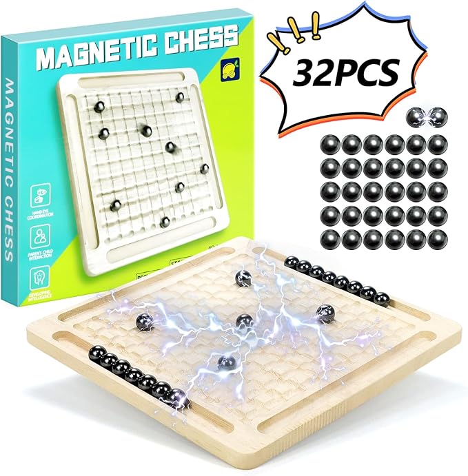 Magnetic Game with 32pcs Magnetic Chess Pieces, Portable Travel Board Game for Kids & Adults, Family Strategy Game for 2-4 Players