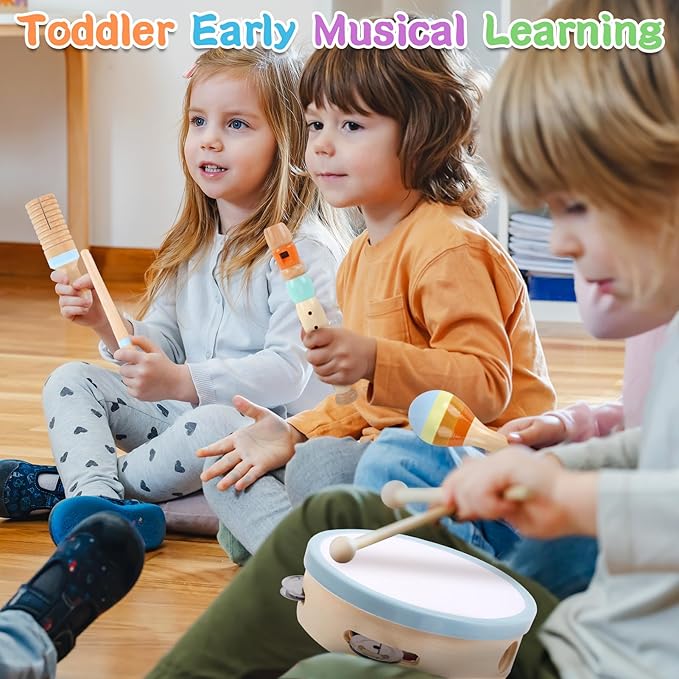 Wooden Musical Instruments for Toddlers 1-3 - Montessori Educational Toys for 1 2 3 Year Old Baby Kids, with Xylophone, One 1st 2st Christmas Birthday Gifts for Girls Boys