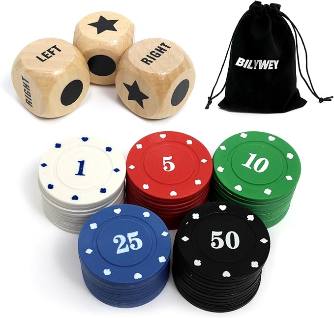 Left Right Center Dice Game Set with 3Pcs 1Inch Wood Dices + 50pcs Colorful Poker Chips (Wood Set)