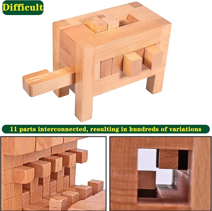671 Steps Unique Supper Difficult Wooden Nine Ring Brain Teaser Puzzle Challenge Fidget Toys 3D Assembly and Disentanglement Lock Games IQ Test Mind Game Educational Toy for Kids and Adults