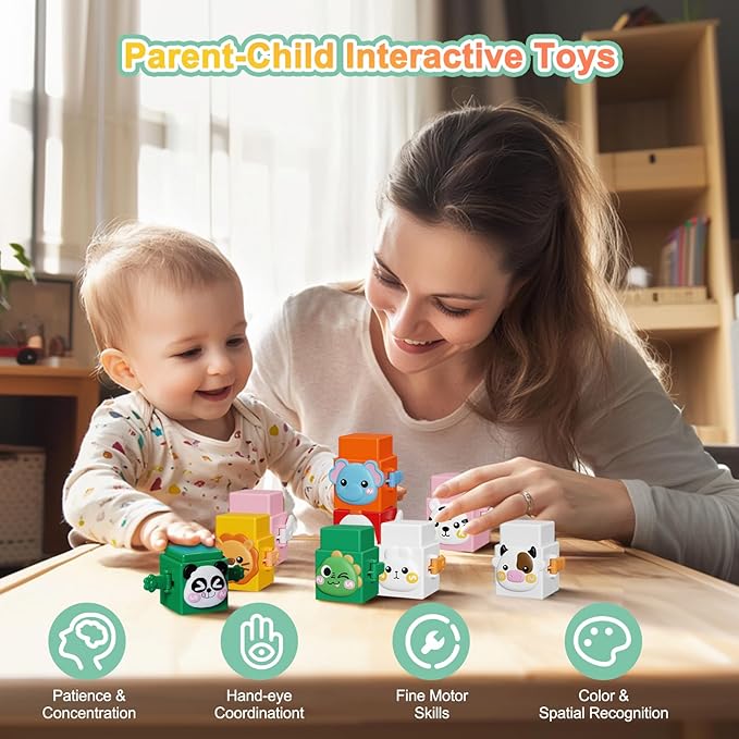 12 PCS Stacking Toys Set for Toddlers 1 2 3 4 Years Old Boys Girls Preschool Pressable Animals Stacking Blocks Sensory Toys with Cute Expressions Fun Christmas Birthday Gifts for Kids Ages 1+