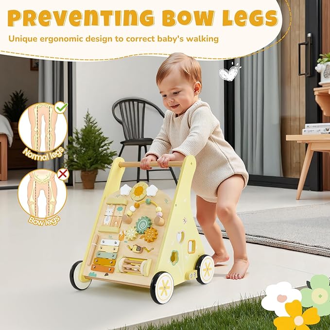 labebe Wooden Baby Walker, Push Walker for Baby Boys and Girls with Activity Center, Montessori Walker Push Toy for Toddler Learning to Walk