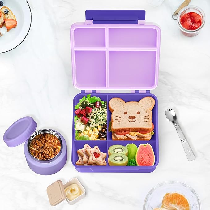 Bento Lunch Box for Kids with 9oz Soup Thermo Leak-Proof Lunch Food Container with 5 Compartment Thermo Hot Food Jar and Insulated Lunch Bag for Kid Toddler Girls Boys to School(Purple)