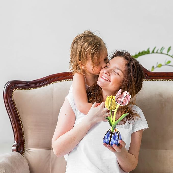 Jege 3D Flowers Wooden Puzzles for Adults,DIY Wooden 2 Flowers per Kit Building Set for Home Decor, Creative Craft Gift Toys Kits with 2 Perfume Bottles and Diffuser Sticks (Rose + Tulip)