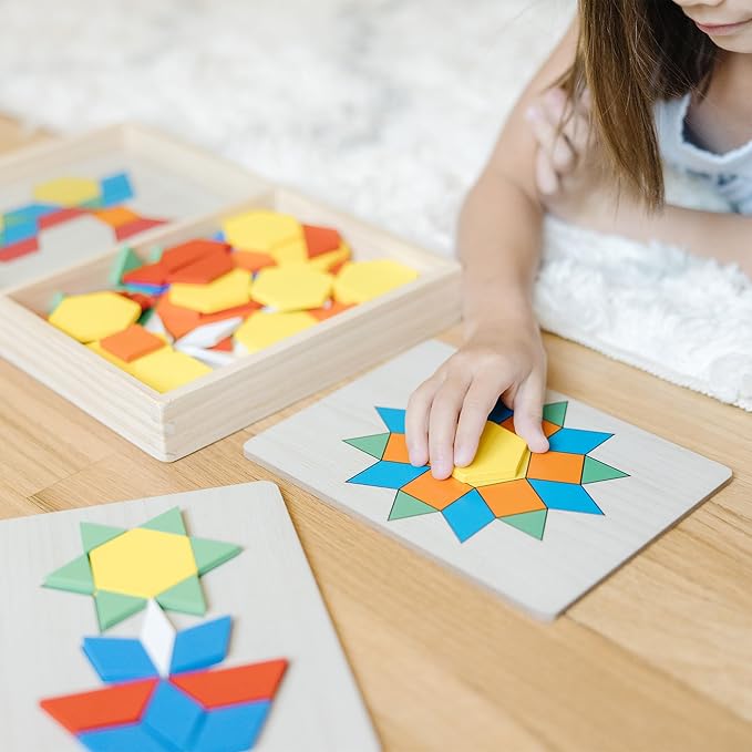 Melissa & Doug Pattern Blocks and Boards with 120 Multi-Colored Wooden Shape Tiles, 5 Double-Sided Puzzle Boards, Tangram Puzzles, Montessori Toys for Girls & Boys