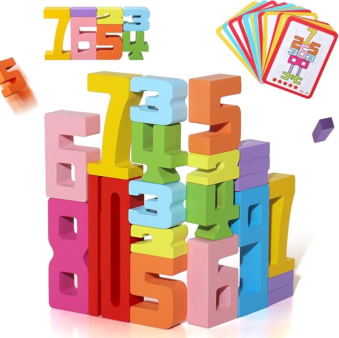 BESTAMTOY 20PCS Montessori Inspired Wooden Number Building Blocks-Wooden Blocks for 3+ Years Old Kids 1-10 Number Game Balance Competition Toy – Unlock Your Kids Potential