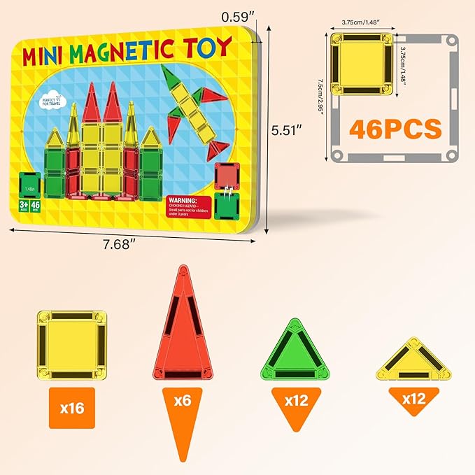 Mini Magnetic Tiles, 46PCS Travel Magnetic Tiles with Case, STEM Educational Building Set Construction Toys for Kids Ages 3+, Portable Building Toys for Toddlers, Boys & Girls Birthday Gift