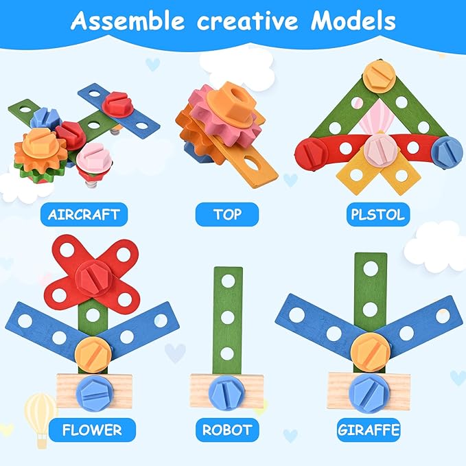 Wooden Tool Set for Kids, 38 PCS Pretend Play Construction Toys with Tool Box, Screws, Nuts, Montessori Learning Toy for Toddlers Ages 3 4 5 6 Years Old Boys Girls