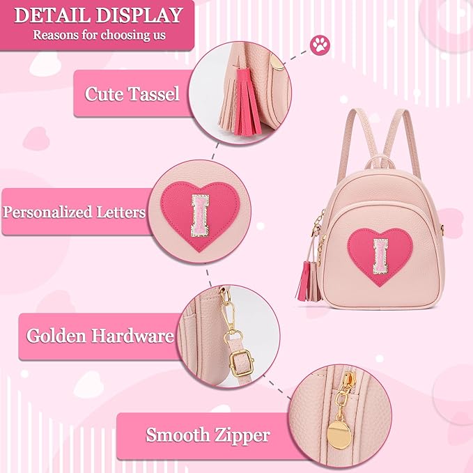 Girls Initial Mini Backpack Gifts for Kid Toddler Little Girl Teen Small Cute Heart Backpack Purse Preschool Kindergarten Bookbag，Pink-I