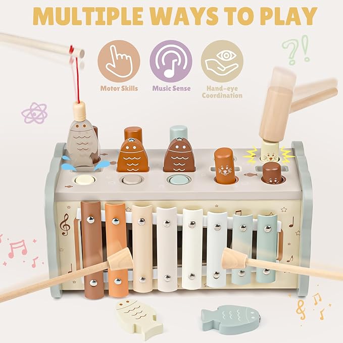 Joyreal Wooden Montessori Toys for 1 Year Old - Hammering Pounding Toy with Xylophone & Fishing Game - Educational Toddler Activities for 1 2 3 Year Old Christmas Birthday Gifts