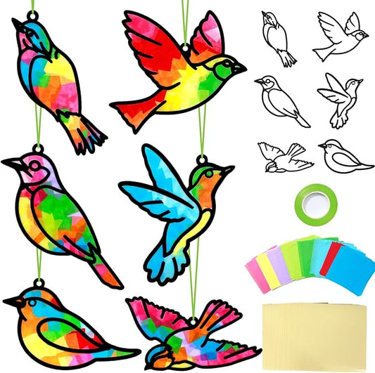 Qyeahkj 36 Set Bird Suncatchers Crafts for Kids DIY Bird Window Tissue Paper Craft Kit Animal Hanging Decor for Summer School Home Activity Art Project Birthday Party Favor Gift