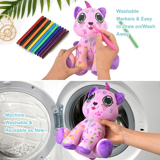 Coloring Plush Toy with 12 Washable Markers for Little Girls Doodle Dolls Arts and Crafts Soft DIY Washable Doodle Stuffed Animal Toy for Kids Ages 4-6 Birthday (Pink Cat)