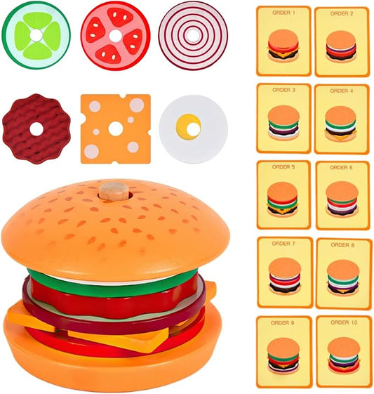 Wooden Burger Stacking Toys for Kids, Montessori Play Food for Toddlers, Educational Toys for 3+ Year Olds to Develop Fine Motor Skills
