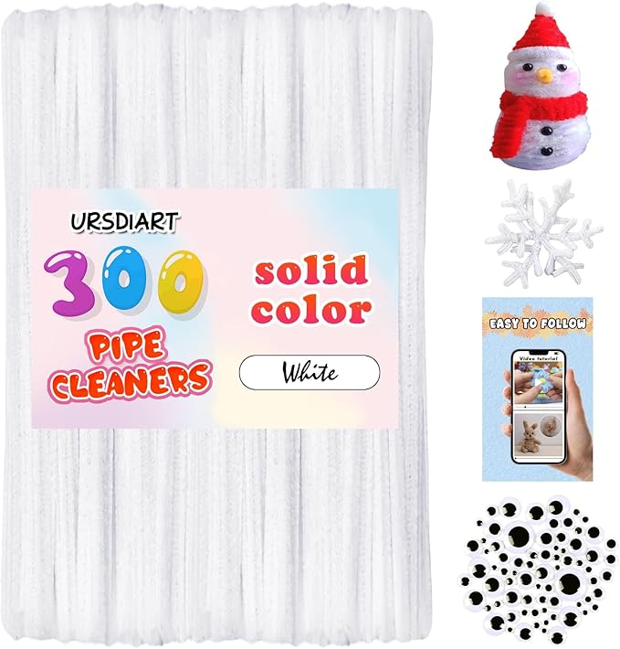 URSDIART (350pcs/Set) White Pipe Cleaners and Wiggle Eyes, 12 Inch 300pcs White Pipe Cleaners for Crafts,Chenille Stems Pipe Cleaners Bulk DIY Creative,Christmas Halloween Decoration Art Supplies