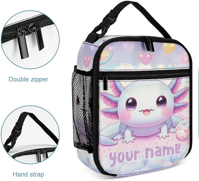 Custom Axolotl Lunch Box - Cute Reusable Axolotl Lunch Bag for Women Men Kids - Small Portable Foldable Insulated Lunchbox for School Work Picnic