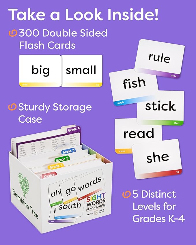 Sight Words Flash Cards Kindergarten to 4th Grade - 600 Words from Dolch's and Fry's Lists with 18 Mini Games