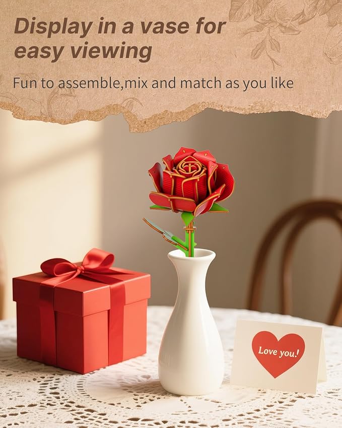 3D Red Rose Wooden Puzzles for Adults, DIY Wooden Flower Craft Kit, Artificial Flowers Model Kit to Assemble for Adults.(3.3 * 3.5 * 8.6in 73PCS)