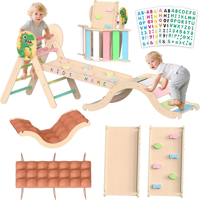 Acenova Pikler Triangle Climbing Set with Cushion and DIY Name Stickers, Montessori Wooden Climbing Gym for Toddlers 1-3, Indoor Jungle Gym, Dinosaur Pikler Triangle Arch Ramp Climber Toy
