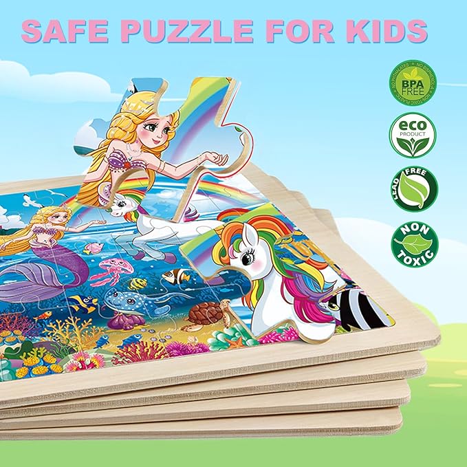 Wooden Puzzles for Kids Ages 4-6, 4 Packs 24 PCs Unicorn Mermaid Princess Jigsaw Puzzles, Preschool Educational Puzzles Toys Gifts for Girls 3 4 5 6 Years Old.