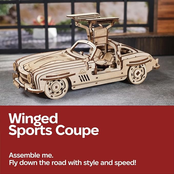 UGEARS Winged Sports Coupe Model Car Kit - 3D Wooden Puzzle for Adults – Model Kit for Adults to Build - DIY Wooden Car with Authentic Gull-Wing Design