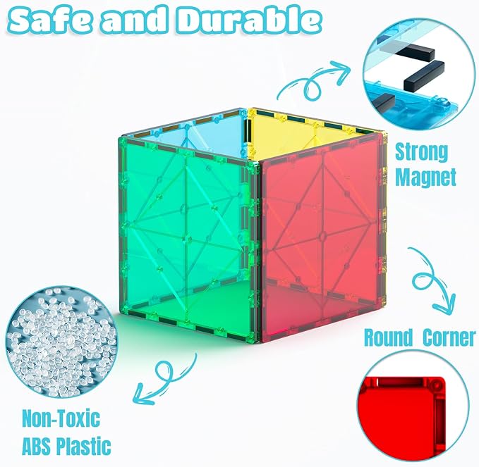 Bmag 4 Piece Magnetic Tiles Large Square, Magnet 3D Building Blocks Expansion Set for Kids, STEM Preschool Learning Kit Educational Playset Construction Toys for Boys Girls Ages 3+